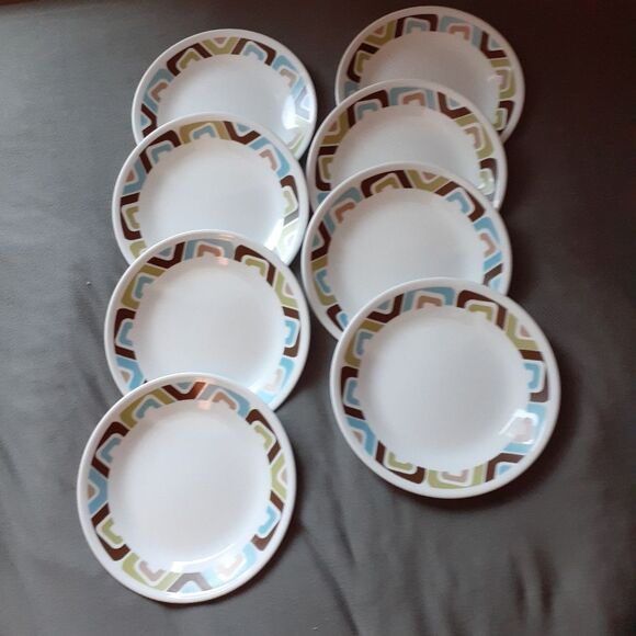 Corelle Plate Squared Pattern Small Dessert Or Bread 6 Plates Brown Blue Vintage - Picture 1 of 3